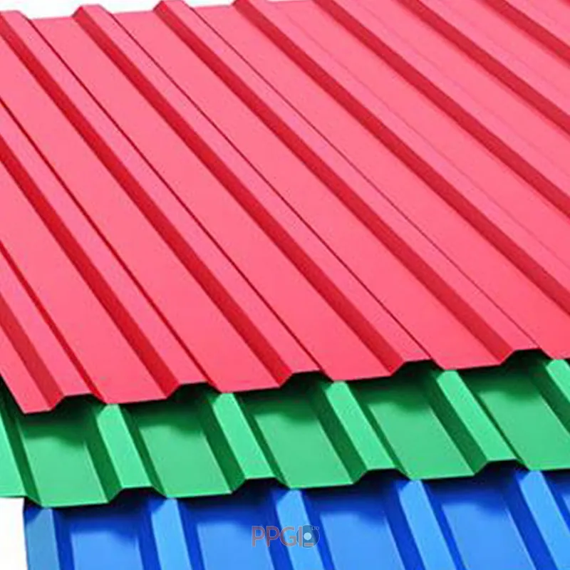 Red green and blue PPGL IBR trapezoidal roofing sheets layered together