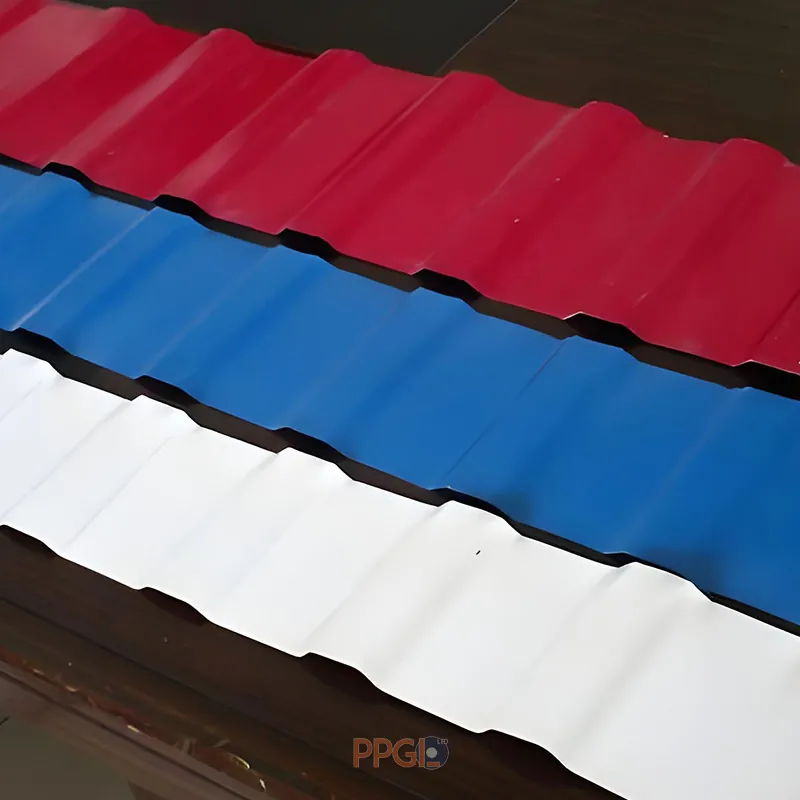 Red blue and white PPGL wave roofing sheet panels displayed on dark table