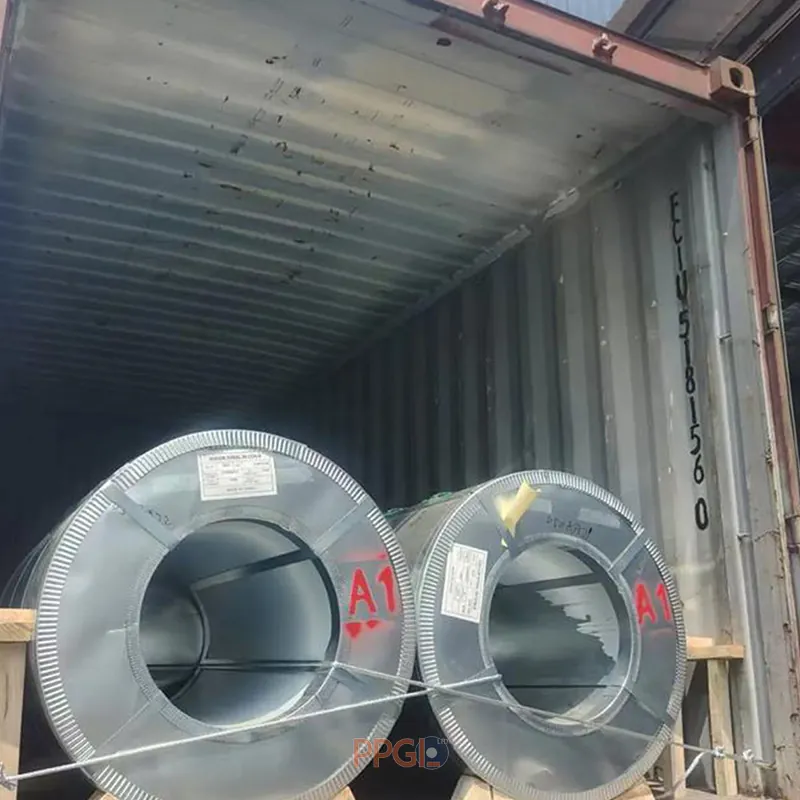 Steel coil container loading locked in individual slots with wire lashing