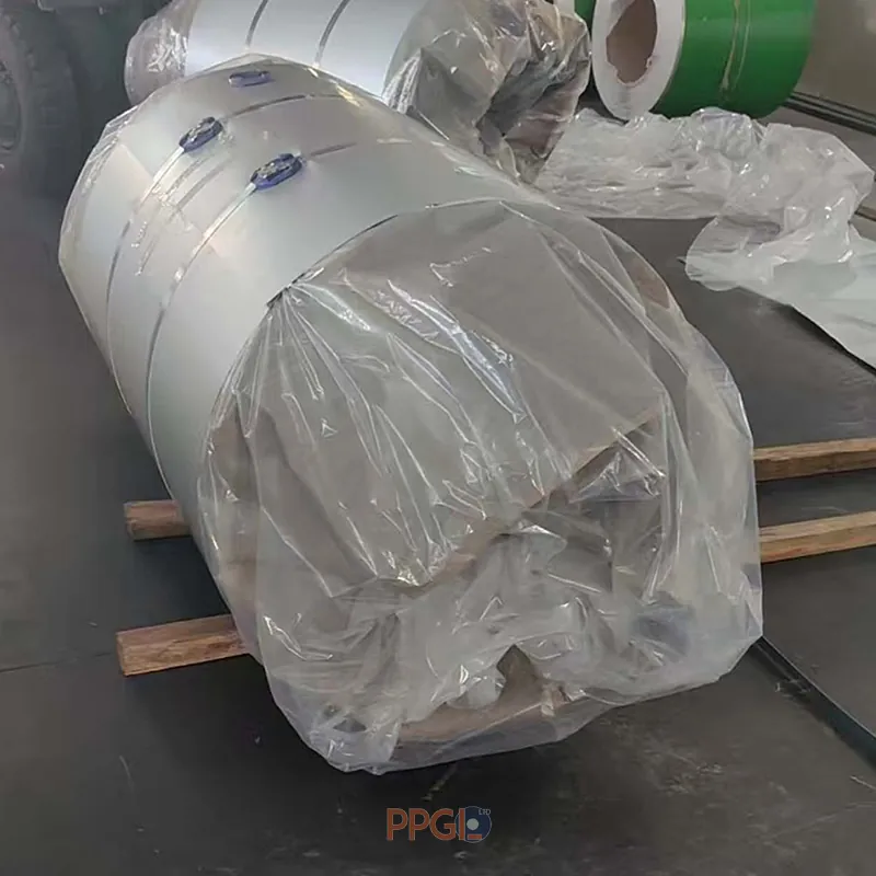 Inner plastic film moisture barrier wrapping for steel coil export packaging