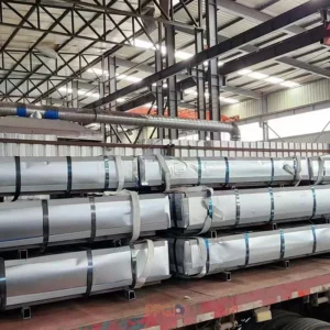 Steel sheet bundles flat-stowed on truck bed ready for 20ft container loading