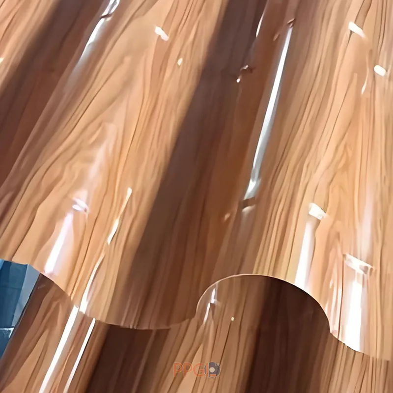 Wood pattern printed corrugated wave roofing sheet panel texture detail