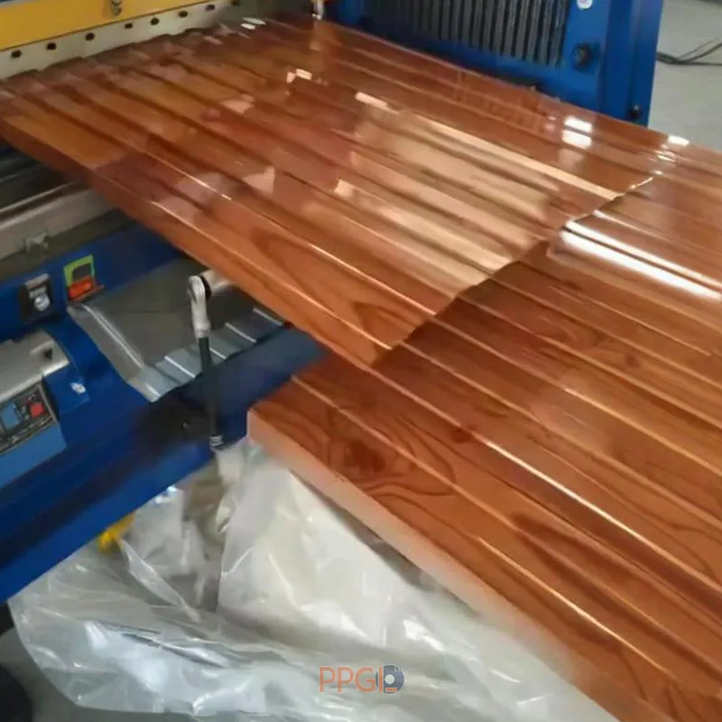 Wood grain printed steel roofing sheet panel during roll forming machine production