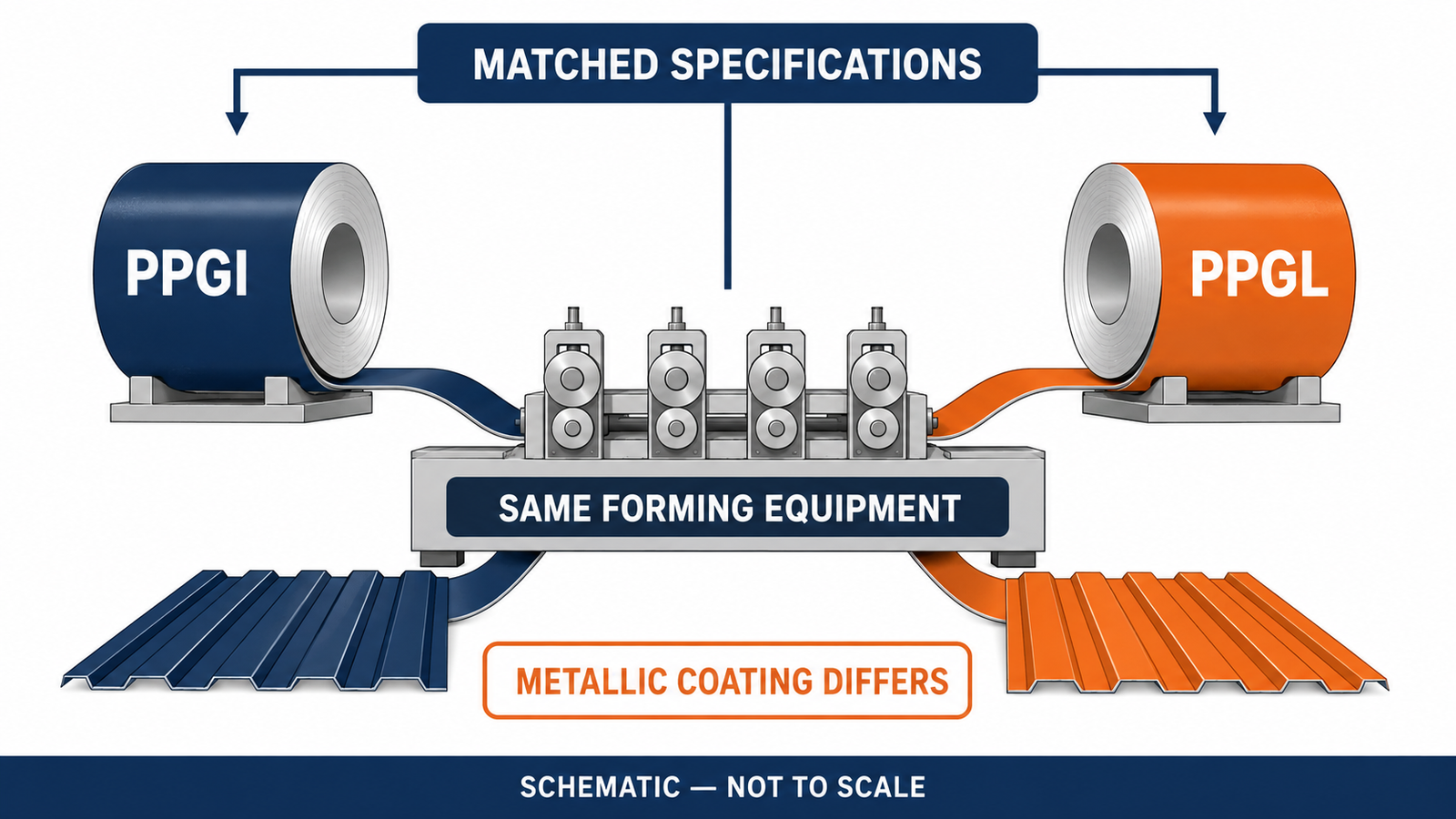 PPGI vs PPGL formability comparison schematic showing matched steel coils entering roll forming machinery