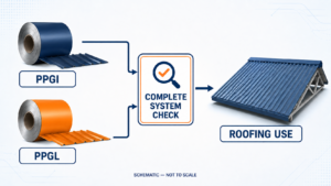 PPGI vs PPGL for roofing options passing through a complete material system check before roof application; schematic, not to scale