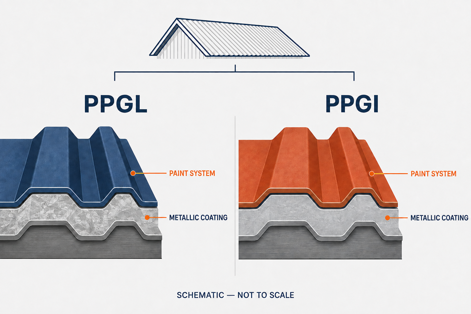 PPGI and PPGL prepainted roofing sheet layers showing paint and metallic coating systems; schematic, not to scale