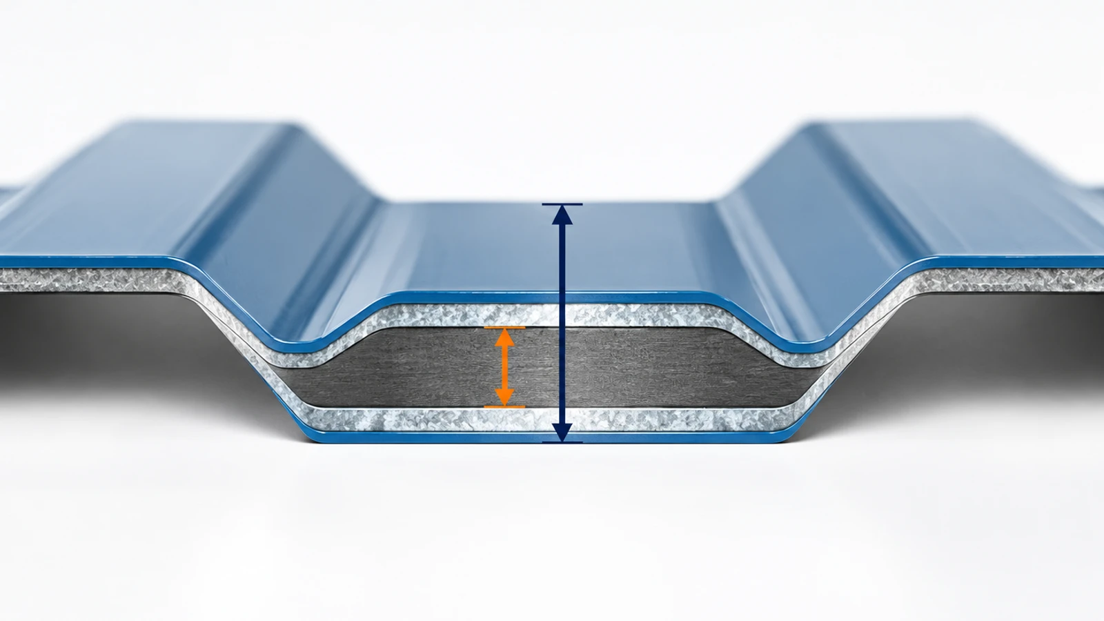 Difference between BMT and TCT shown on a coated roofing sheet cross-section