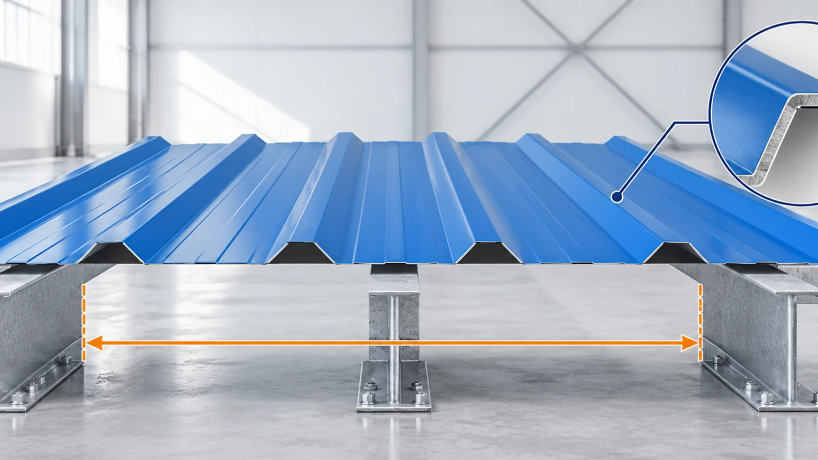 Roof profile purlin spacing and sheet edge used to determine roofing sheet thickness