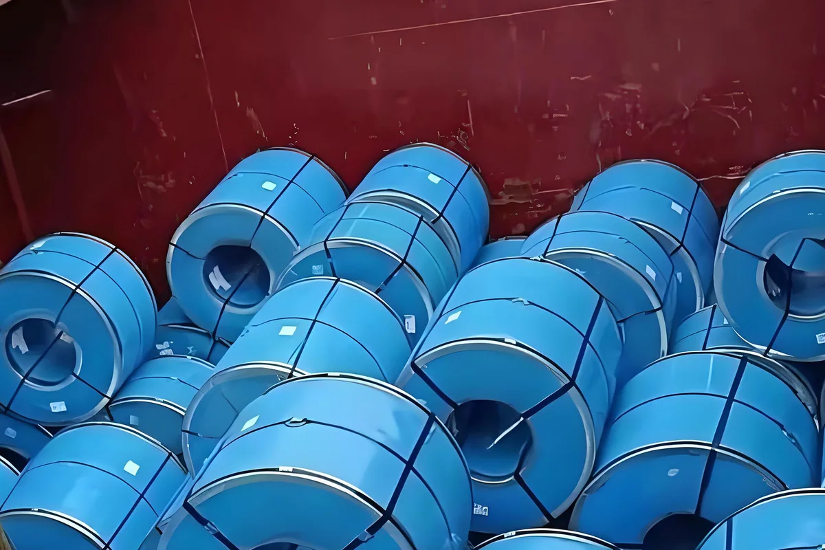 Packed steel coils inside a high bulk vessel hold