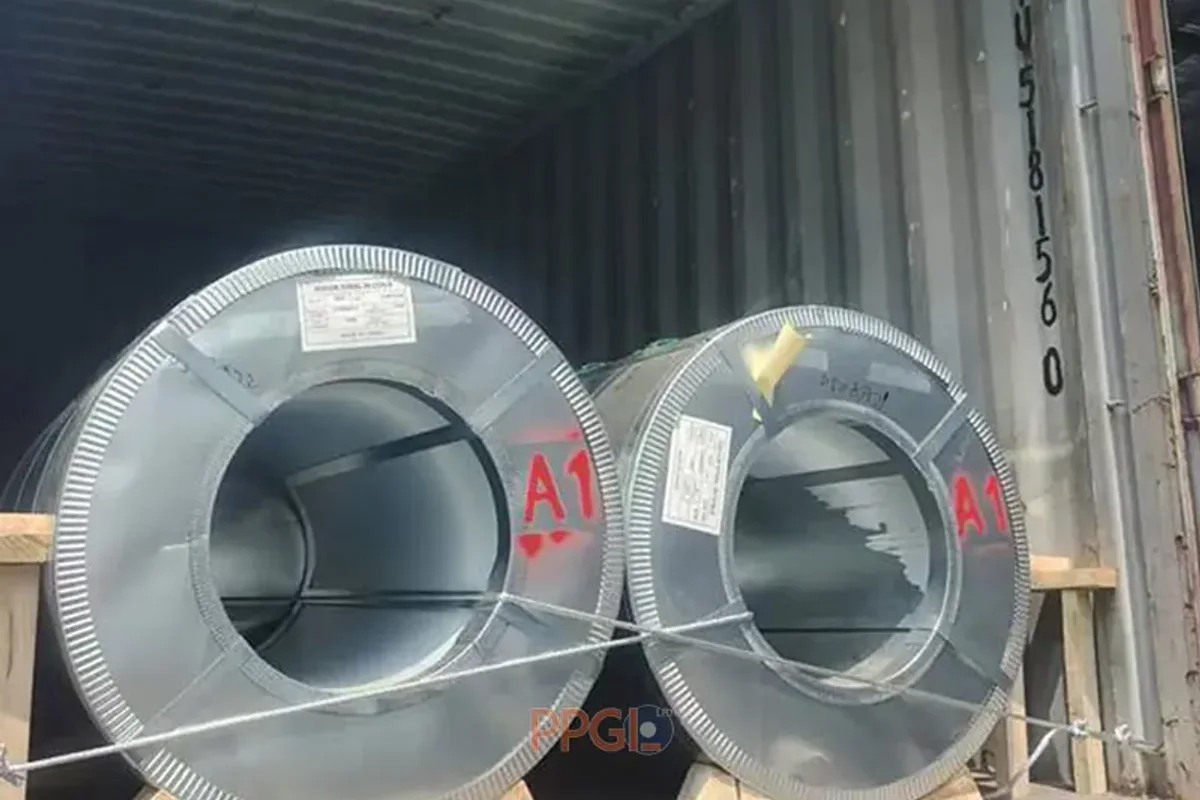 Steel coils secured inside a 20ft container for the Caribbean