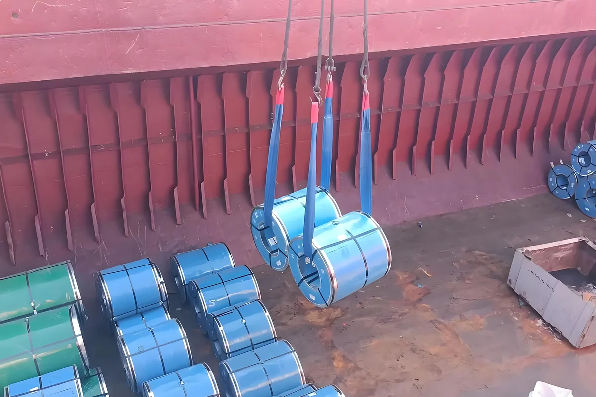 Packed steel coils inside a high bulk vessel hold