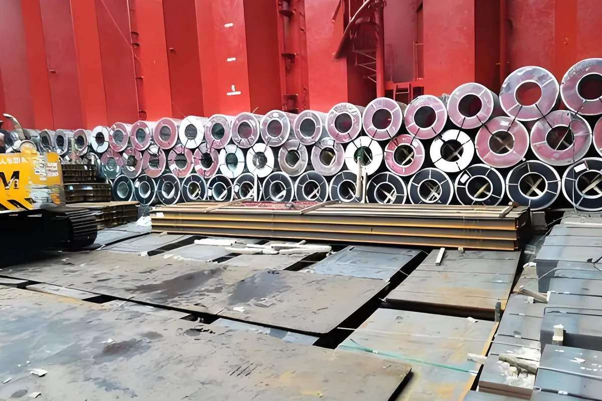 Packed steel coils inside a high bulk vessel hold