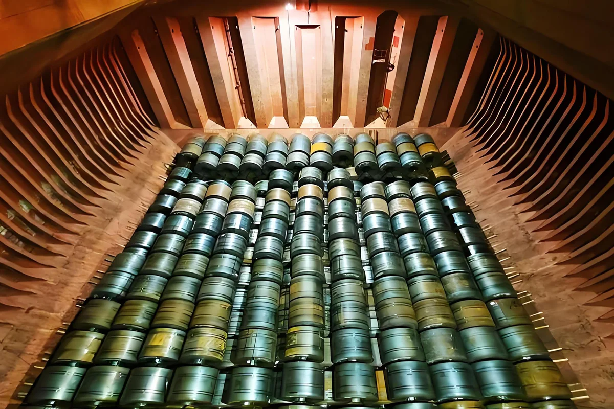 Packed steel coils inside a high bulk vessel hold