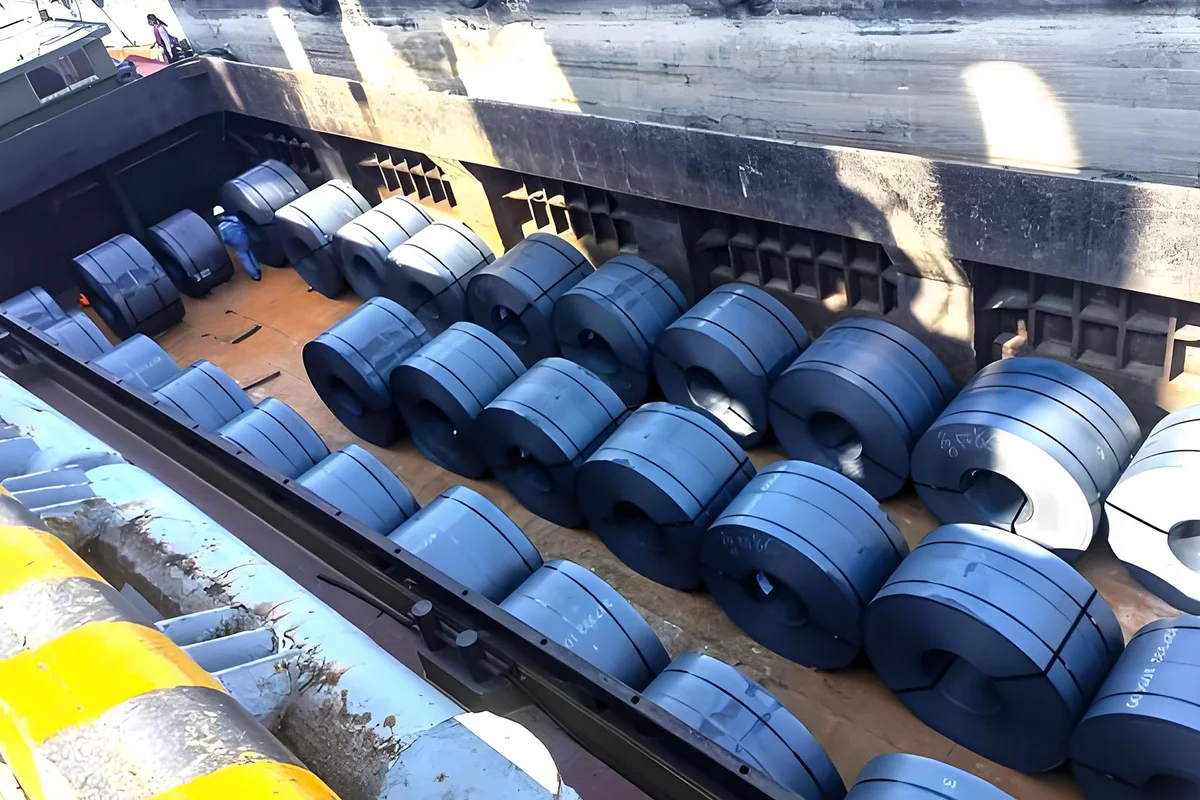 Packed steel coils inside a high bulk vessel hold