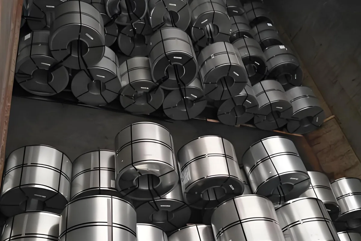 Packed steel coils inside a high bulk vessel hold