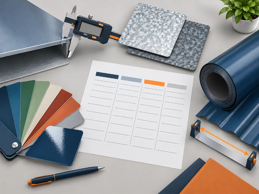 Caliper, coating coupons, color samples, and sheet width arranged for roofing quotation comparison